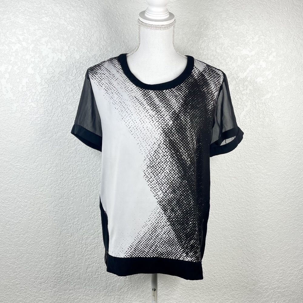 Calvin Klein Black White Mesh Short Sleeve Zipper Dotted Round Neck Blouse Small